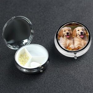 Golden Retriever Honden Puppies Huisdieren Pillendoos 3 Compartiment Pillendoosje voor Portemonnee & Pocket Leuke Pillenorganizer met Spiegel Draagbare Reizen Pillendoos Metalen Ronde Geneeskunde