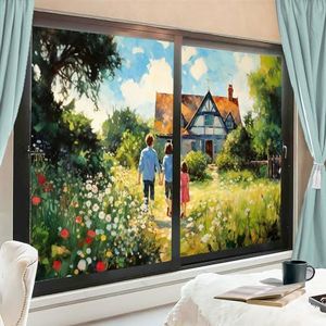 Aquarel rustiek landschap raamfilm warmteblokkerende tuin huisje retro privacy raamdecoratie glazen deurbekleding niet-klevende raamfilm voor badkamer keuken 90 x 140 cm x 2 stuks