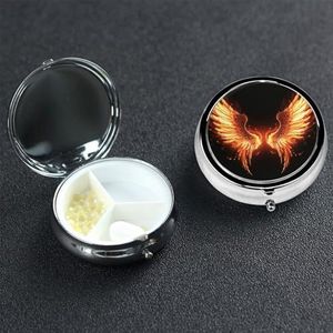 Fire Angle Wings Pillendoosje met 3 compartimenten voor portemonnee of zak, kleine medicijnorganizer met spiegel, reispillendoos, decoratieve metalen vitaminecontainer, uniek cadeau
