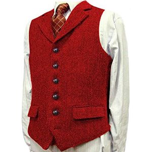 Heren visgraatkostuum tweed gilet Slim fit vintage retro wol vest Casual(3X-Large, rood)