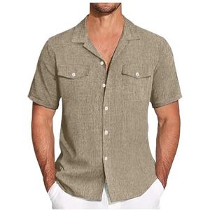 UBOHUZ Heren shirt met korte mouwen linnen korte mouwen button down shirt casual strand shirts vakantie eenvoudige casual slim fit shirts voor vrije tijd, Kaki, 3XL