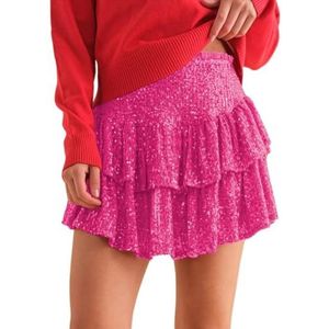 Lewey Sexy mini-rok met pailletten voor dames | Glinsterende A-lijn korte rok met plooien, Rozenkrans, L