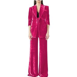 Fluwelen Broekpakken Vrouwen Dubbele Breasted Voering Dames Business Office Smoking Werkkleding Party Suits, rozerood, XS