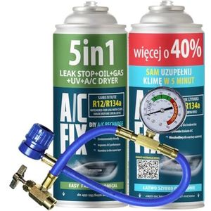 AC FIX 5-in-1 – R134a + R134a XL + slang, 470 g Koelmiddel voor auto-airconditioning met olie, afdichtmiddel, UV-kleurstof, droogmiddel – Snelle toepassing – Beschermt de compressor