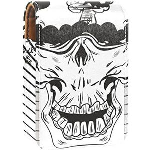 Draagbare Lipstick Case voor op reis,Mini Lipstick Opbergdoos met spiegel voor vrouwen dames, Lederen Cosmetische Pouch Zwart Wit Japan Skull Head, Meerkleurig, 9.5x2x7 cm/3.7x0.8x2.7 in
