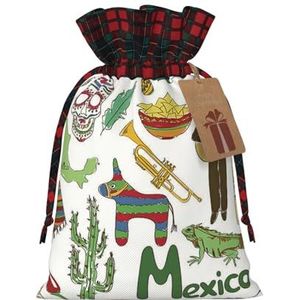 HerfsT Kerst Drawstrings Gift Bags Mexico Chili Piramide Nachos Cactus Muziek Print Kerst Jute Zakken Herbruikbare Gift Zakken Xmas Present Zakken Voor Kerst Thanksgiving Party