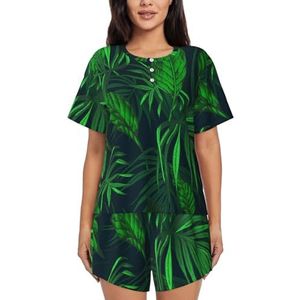 JIAWUJYNB Groene Tropische Plant Print Vrouwen Korte Mouwen Pyjama Set Pyjama Lounge Set Met Zakken,, Zwart, M
