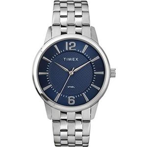 Timex Herenjurk analoog 40mm roestvrij stalen armband horloge, Zilverkleur/Blauw, armband