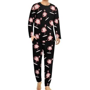 Grappige onhandige flamingo comfortabele herenpyjama-set met ronde hals en lange mouwen, loungewear met zakken, 2XL