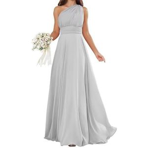 SAYNO Chiffon bruidsmeisjesjurk voor dames, voor bruiloft, avond, baljurk, plooien, cocktailjurk, grote maten, Zilver, 32