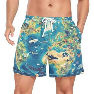 Niigeu Sea Fish World Map Zwembroek voor heren, sneldrogend, met zakken, Leuke mode, XL