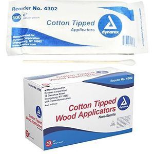 Dynarex 6-Inch Non-Sterile Cotton Tipped Applicators - Single-Use Wooden Cotton Tip Applicators for Wound Care, Topical Dressing, Hygiene, Make Up, Cleaning Tools, Jewelry - 1 Box of 1000