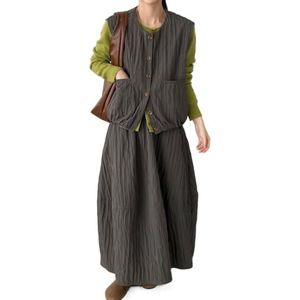 MLSHWUG Dames Mouwloos Gewatteerd Vest Met Ronde Hals En Gestreept Reliëf Patchwork Lange Rokken Set,Grijs,M