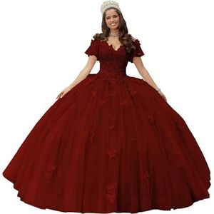 Fuomomo Quinceanera MT052 Jurk met vlinderapplicaties van kant, 3D, glanzend, baljurk, schoudervrij, voor snoep, 15 en 16, verjaardagsjurk van tule, RUST, 44