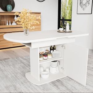 Merax Eettafel van hout, uittrekbaar, met opbergruimte, ovale keukentafel voor woonkamer en eetkamer, 110/130 x 70 x 75 cm (l x b x h), wit