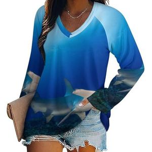 Blauwe hamerhaai dames casual T-shirts met lange mouwen V-hals bedrukte grafische blouses T-shirt tops L