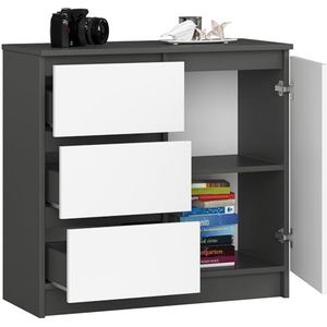 BDW - Ladenkast Met 3 Laden En 1 Deur - 80cm Breed, 77cm Hoog - Kast, Dressoir, Multifunctioneel, Schoenenkast, Ladekast, Archiefkast - Woonkamer, Slaapkamer, Hal - Grijs/Wit