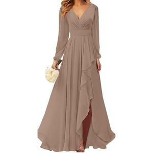 AHERKLL HAH036 Chiffon bruidsmeisjesjurk voor dames, met split, galajurk, plooien, cocktailjurk, grote maten, Taupe, 32
