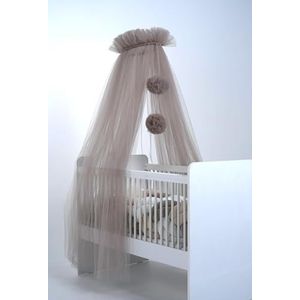 Babybedhemel van tule, bedhemel voor babybed, prinses babywieg, bijzetbed baby, muggennet, babykamer decoratie, baldakijn kinderkamer 165 cm lang, met pompons, taupe (taupe)