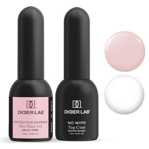 Didier Lab - Base Coat Top Coat UV - Fiberglass Gel Base Milky Pink met Vitamines - No Wipe Top Coat Gel UV Super Shiny - LED UV Nagellak Set - HEMA en TPO-vrij - Shellac Set - Versterkt Zwakke Nagels