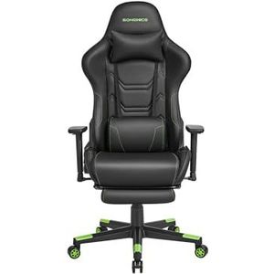 SONGMICS Gamingstoel, bureaustoel, ergonomisch, bureaustoel met hoge rugleuning, armleuningen, voetensteun, lendensteun, hoofdkussen, tot 150 kg belastbaar, zwart-groen RCG070C01