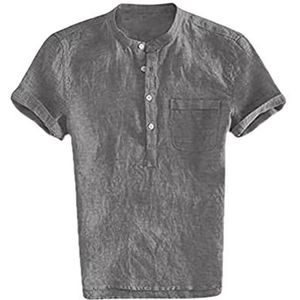 Heren Zomer Linnen Katoenen Overhemd Casual Korte Mouw Knoopsluiting Strandoverhemden heren t-shirt(Gray B,XXL)