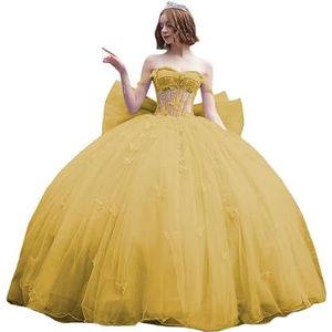 Fuomomo Quinceanera-jurk met dunne bandjes en vlinderglitter, Quinceanera-jurk met vlinders en grote strik, baljurk van kant met parels MT053, Goud, 44