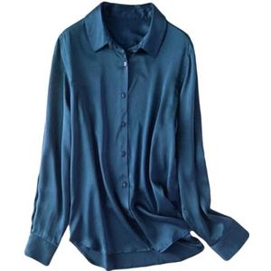 Vrouw Shirts Vrouw Solid Kraag Zijden Blouses Vrouw Lente Herfst Shirt Tops, Blauw, S