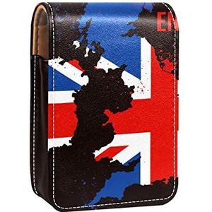 Draagbare Lipstick Case voor op reis,Mini Lipstick Opbergdoos met spiegel voor dames dames, Lederen cosmetische etui Engeland Union Jack, Meerkleurig, 9.5x2x7 cm/3.7x0.8x2.7 in