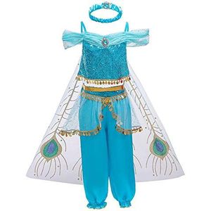 IMEKIS Meisje Jasmine Kostuum Prinses Fancy Dress Up Pailletten Aladdin Arabische Buikdans Jurk Verjaardag Kerstmis Halloween Carnaval Cosplay Party Outfit, Blauw, 10-11 jaar