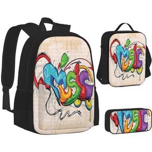 SUHNGE Kleurrijke Olifant Print Tiener Boekentas Lunch Tas Potlood Case 3 in 1 School Rugzakken Set Kids Rugzak, Muziek Stijl, Eén maat