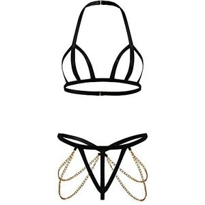 TTPSRY Dameslingerieset, 2 stuks, sexy beha en string, ondergoed, hollow babydoll, zwart, set voor nacht, bruiloft, vakantie, Zwart, S