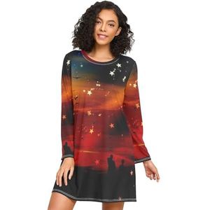 LI ZHI XIN Vrouwen Lange Mouwen Nachtjapon Nachtjapon Dames Sleepshirts Nachtshirts Slaap Jurk Ronde Hals Losse Plus Size Nachtkleding Xxxl Xxl Sky Sunset Stars Pictures, Meerkleurig, S