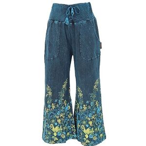 GURU SHOP Palazzo-broek, katoenen broek, hippiebroek met bloemen, uitlopende broek, dames, katoen, broek, alternatieve kleding, blauw, 42