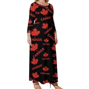 Canada Vlag Esdoorn Grafische Plus Size Jurk Voor Vrouwen Casual Lange Mouw Maxi Jurken