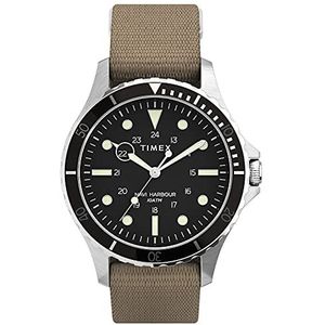 Timex Heren Navi XL 41mm analoog quartz roestvrij staal 20 casual horloge, Zilverkleur/Bruin/Zwart, Eén maat, 41 mm Navi XL roestvrijstalen behuizing Slip-Thru dubbellaags