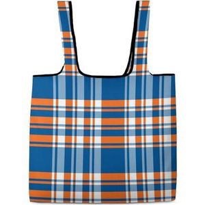 Blauwe en Oranje Geruite Herbruikbare Boodschappentas Opvouwbare Boodschappentas Opslag Tote Bags met Handvatten voor Werk Reizen