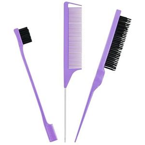 3-delige gladde haarborstelset, plagen haarborstel rattenstaart, kamrandborstel voor vrouwen, stylingkammen voor scheiden, kammen, borstelen (paars)