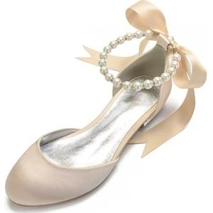 KYEGLO Satin Ballerina's Met Gesloten Neus Voor Bruiden, 2,5 Cm - Parelversiering, Enkelbandje, Elegante Trouwschoenen Voor Trouw- En Feestjurken,Champagne,36 EU