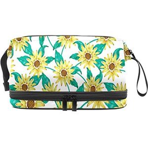 Grote capaciteit reizen cosmetische tas,Geschilderd zonnebloem groene bladeren patroon, make-up tas, waterdichte make-up tas organisator, Meerkleurig, 27x15x14 cm/10.6x5.9x5.5 in