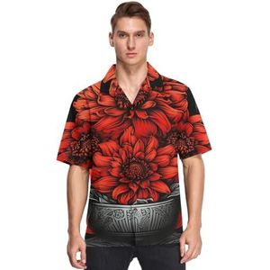 KAAVIYO Red Art Flower Blossom Shirts voor Mannen Korte Mouw Button Down Hawaiiaanse Shirt voor Zomer Strand, Patroon, L