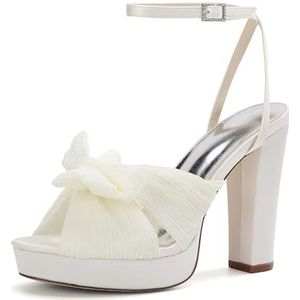 KYEGLO Dames Sandalen Met Ronde Neus En Bandjes, Open Teen, Satijn, Dikke Hak - Feestelijke Bruidsschoenen Met Hoge Plateauzool,ivoor,36