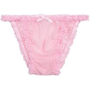 Satini Flinterdun Kant met ruches Sissy Tanga Knickers Broekje Bikini Satijnen broekjes Ondergoed (Babyroze, S)