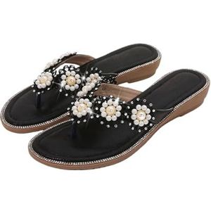 Xytraiihw Dames sandalen met clip, modieuze casual slippers met parelmoeren en strass steentje zomerse platte sandalen grote maten comfortabele strandschoenen voor bruiloften,zwart,36 EU