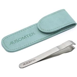 AUSOMTEK Baard Pincet, Haar Plukken, Fijn Ontharing, Wenkbrauwen Tool - Roestvrij Staal, 10mm Tip, Anti-Slip Slot Design, Cyaan PU Case 1Pack