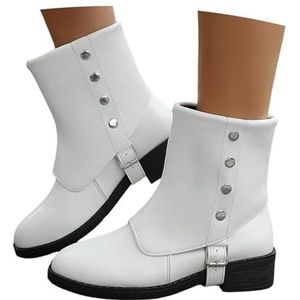 Western Cowboylaarzen For Dames Met Klinknagels 2025 Nieuwe Retro Enkellaarsjes Met Blokhak Herfst Winter Ankle Boots PU Leren Bikerlaarsjes Dames Casual Brede Buis Instapschoenen(White,43 EU)