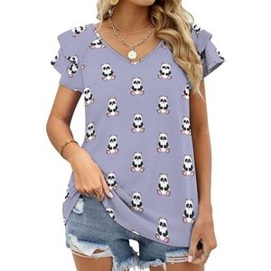 Panda Patroon Grafische Blouse Top Voor Vrouwen V-hals Tuniek Top Korte Mouw Volant T-shirt Grappig
