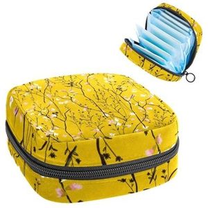Maandverband Opbergtas, Menstruatiecup Pouch Tampon Bag, Menstruatie Pads Houder Organizer voor Vrouwen Meisjes, Roze Bloem Gele Achtergrond