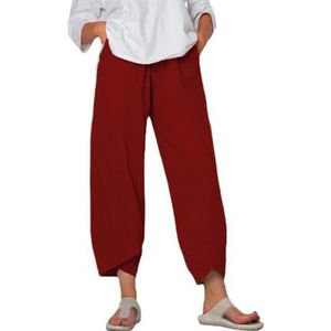 HHuiXinXue Linnen broek dames 7/8 wijde pijpen zomerbroek vrouwen licht elegante losse casual broek voor strandvakantie dagelijks, Winered, S