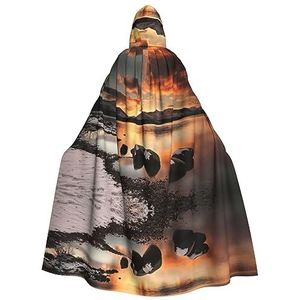 DEXNEL Rock And Lake Under Sunset 150 cm Hooded Cape Unisex Halloween mantel voor duivel heks tovenaar Halloween Cosplay, aankleden